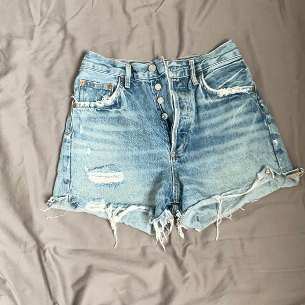 Agolde Dee Blue Jean Shorts with Distressed Raw Hem